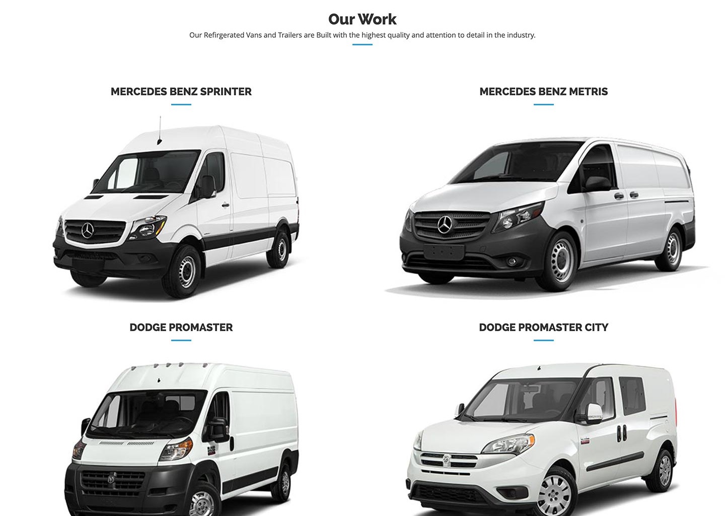 Original Our Work grid: thirteen vehicles at identical visual weight with no specifications or ordering