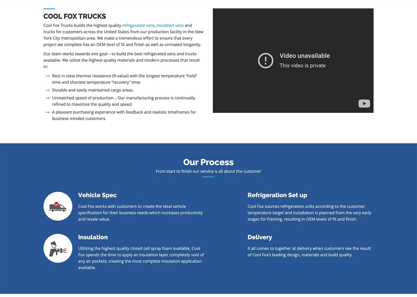 Original page below the hero: a generic company paragraph, a broken embedded video, and four vague process icons