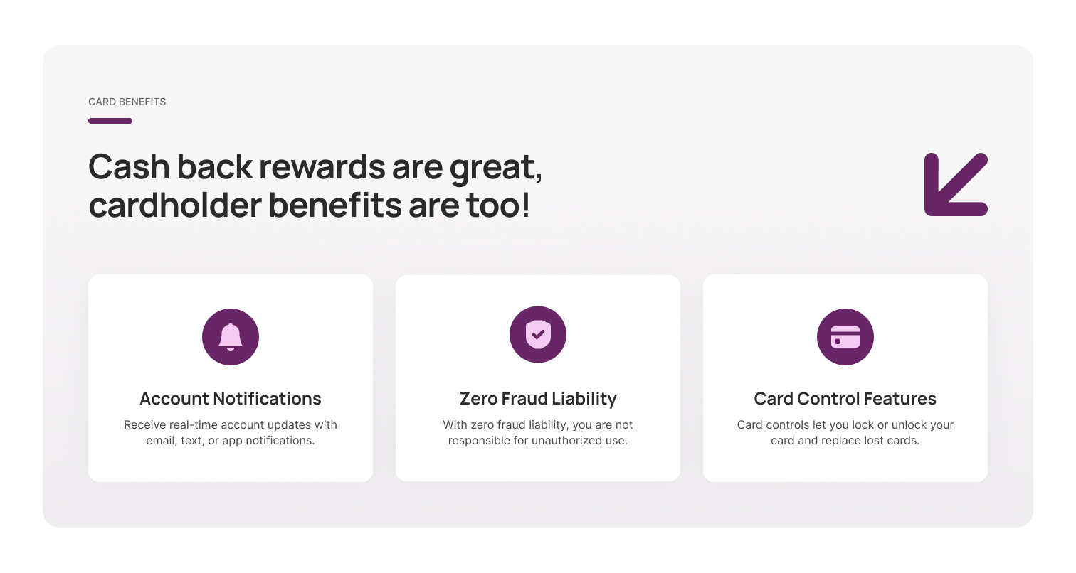 Redesigned Fortiva card benefits section listing account notifications, zero fraud liability, and card control features