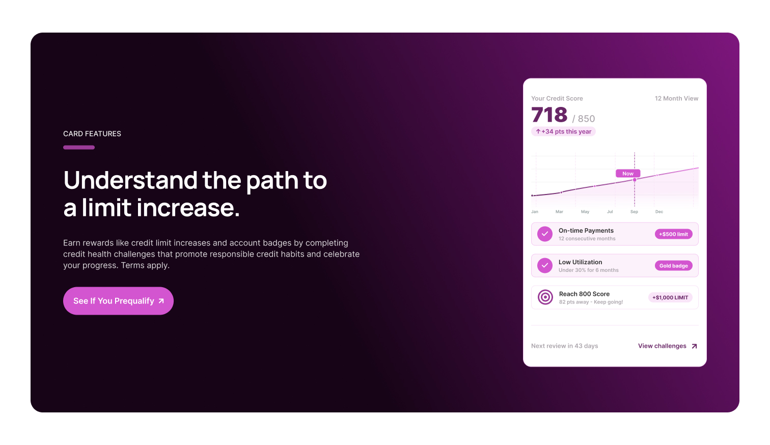 Redesigned Fortiva credit score section showing progress toward a credit limit increase