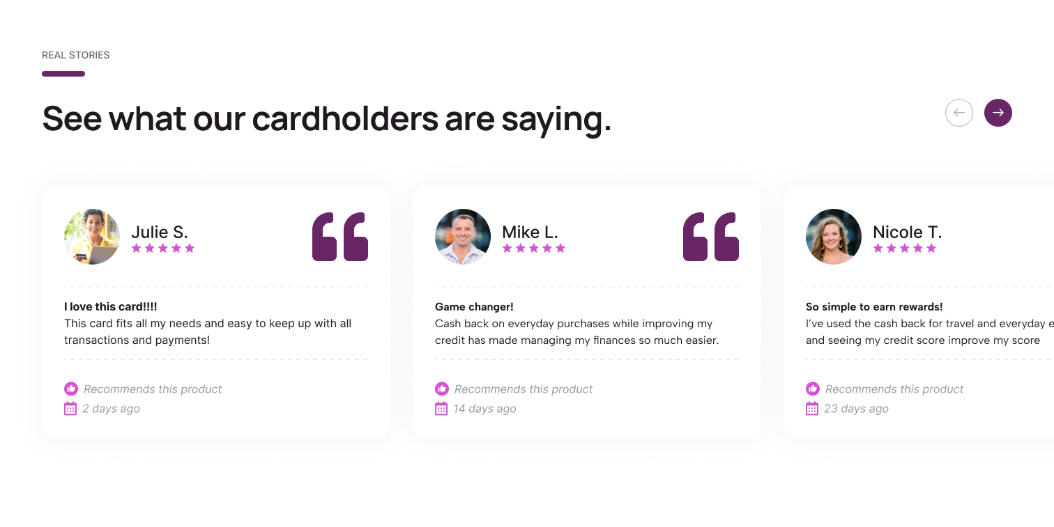 Redesigned Fortiva testimonials section titled See what our cardholders are saying