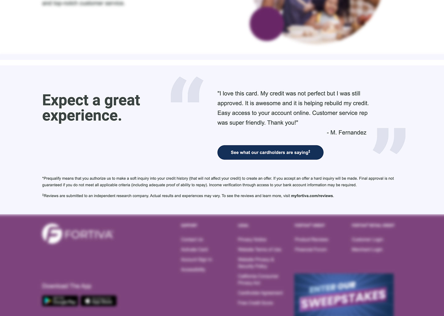 Original Fortiva testimonial section above the prequalification legal disclaimer